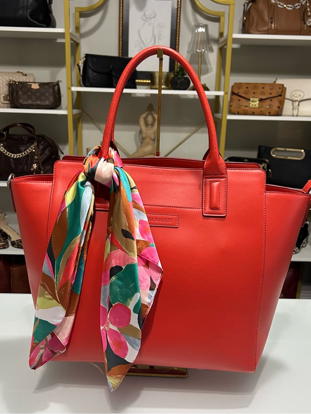 Vera Bradley Large Red-Orange Tote Bag with Colorful Scarf-Wrapped Handles